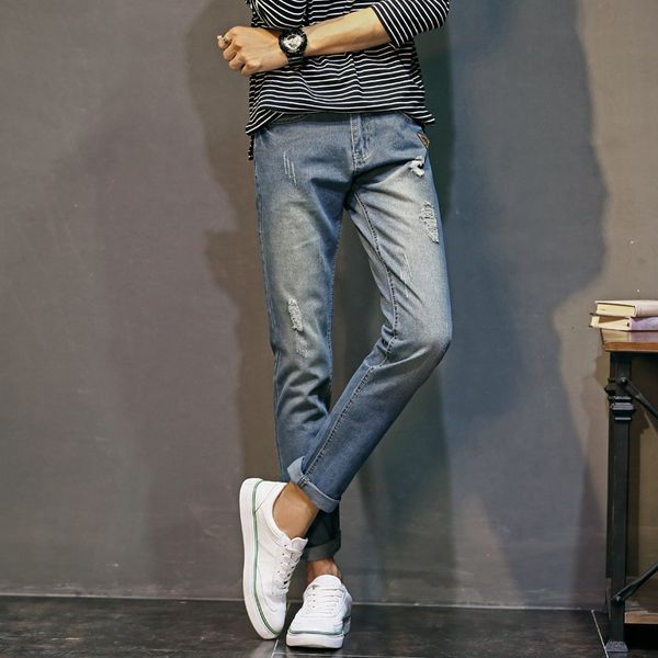 

new korean style men jeans grey slim skinny man casual pants pencils trousers biker jeans with zippers designer stretch fashion, Blue