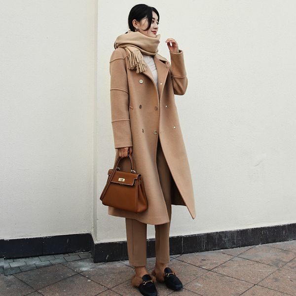 

woolen coat, female middle length, 2018 new korean version, self repairing camel wool woolen coat, casual coat, Black