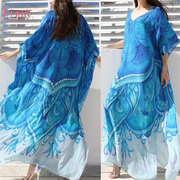 

long sleeve ocean blue bohemian printed kaftan beach dress plus size tunic women summer beachwear half sleeve maxi dress robe n669, Black;gray