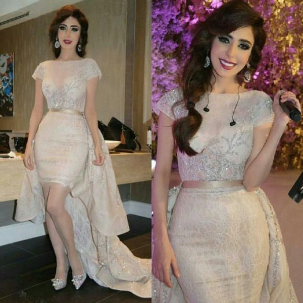 

light champagne short prom dreses with detachbale train overskirts elegant arabic formal evening gowns with lace beaded cocktail party dress, Black