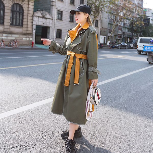 

women's trench coats [ewq] 2021 autumn women coat outwear long sleeve double breasted windbreaker patchwork fake two qz87706s, Tan;black