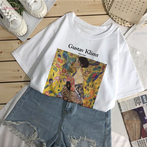 

gustav klimt letter print t shirt summer new womens loose t shirt chic harajuku pattern art oil painting fashion vintage top, White