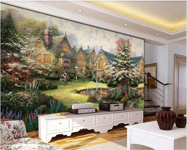 

3d wallpaper custom p mural courtyard retro house fountain landscape oil painting home decor wall art pictures