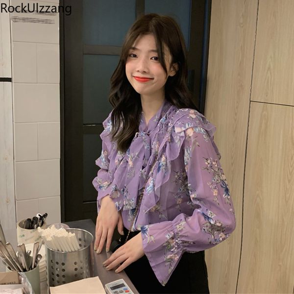 

rockulzzang girl ladies boho floral ruffles neck tie bow chiffon blouse korean women shirt vintage fashion cute spring, White