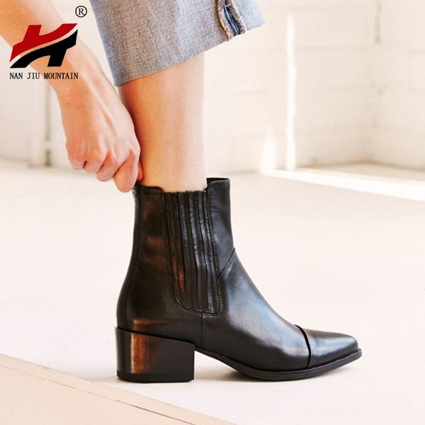 

nan jiu mountain spring autumn women's boots middle heel fashion boots pointed leather simple plus size 34-43 woman shoes, Black