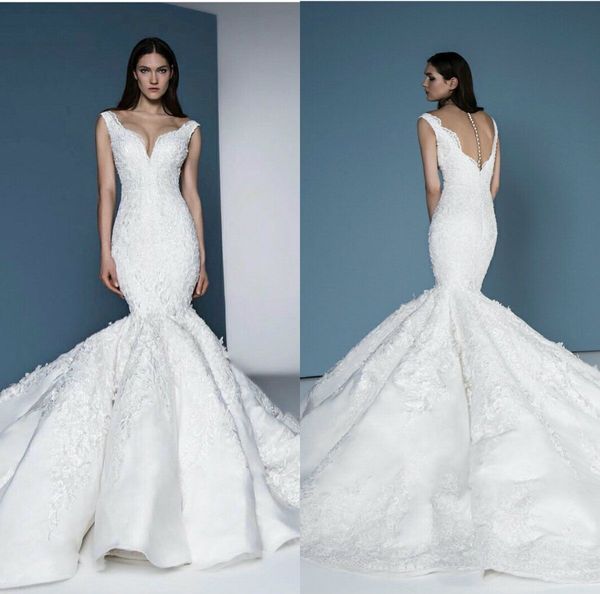 

classic mermaid wedding dresses sleeve-less sweetheart appliques beads lace bridal gowns sweep train robes de mariÃ©e, White
