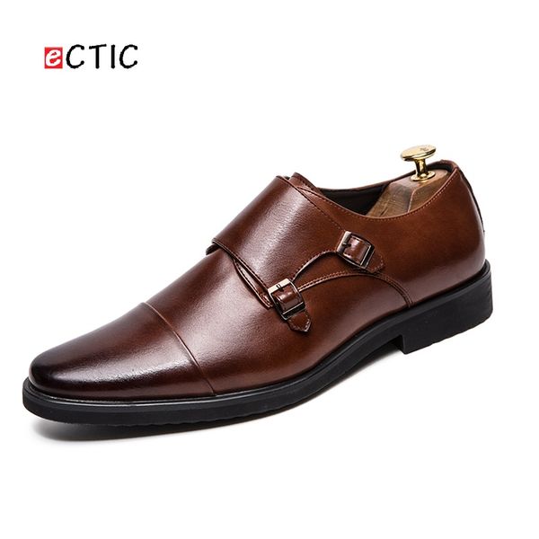 

ectic big size 38~47 leather men formal shoes pointed toe weddings monk strap dress business office style gentleman, Black