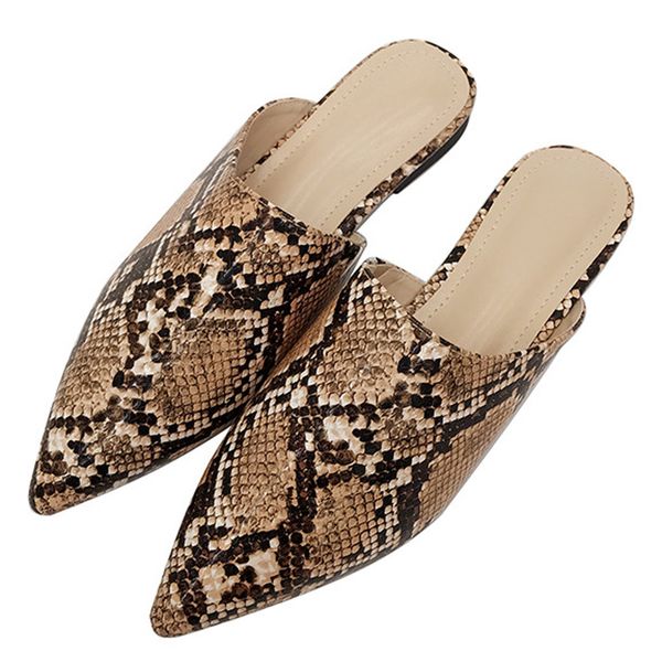 

women's ladies pointed toe flat shoes snake-effect leather slippers sandals, Black