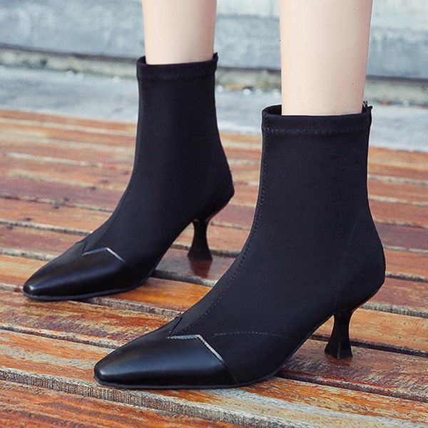 

women ankle boots stretch knitting sock boots plus size pointed toe autumn winter high heels female slip on lady shoes #3, Black