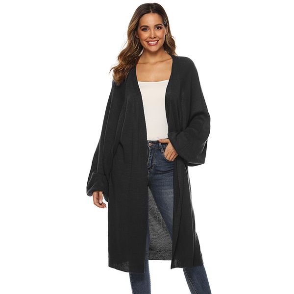 

wholesale fashion lantern sleeve long jacket autumn women coat solid color v-neck loose cardigan sweater outerwear, Black