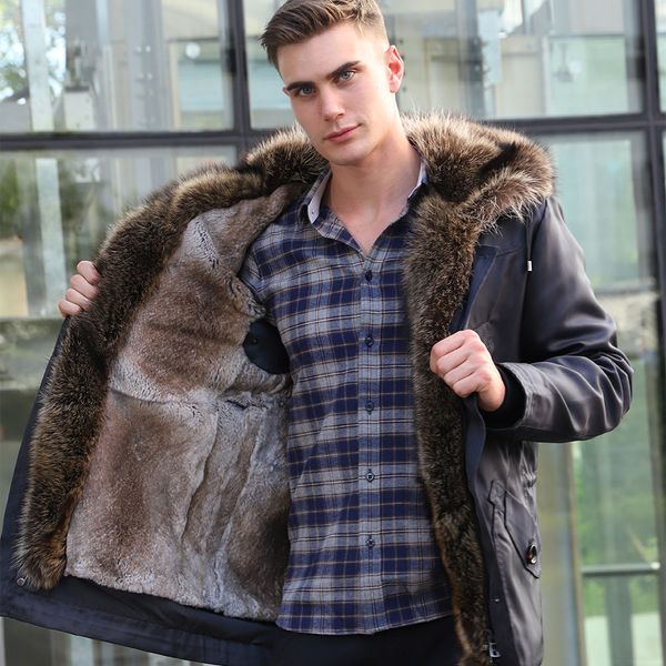 

2019 fur collar jacket male detachable rex fur liner to overcome in the long section hooded nie overcoat jacket raccoon, Tan;black