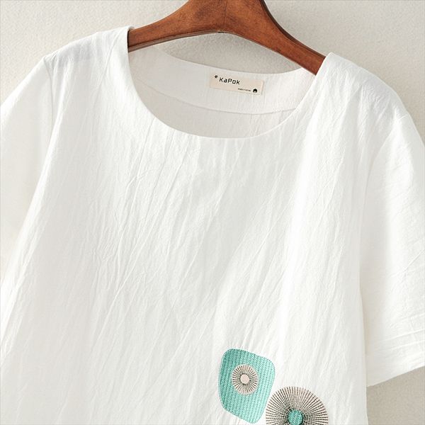 

cotton and linen women's short sleeve base half sleeve artistic embroidery linen t- loose t-shirt shirt large size summer clothes, White