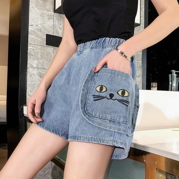

s-5xl kawaii embroidery cat jeans woman pocket plus size wide leg jeans shorts high waist denim pants, Blue