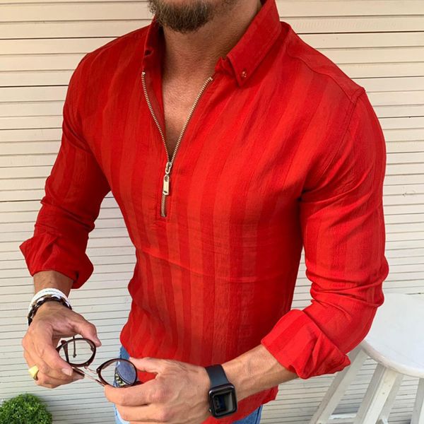 

men shirts slim fit casual striped print turn-down collar zipper male shirts long sleeve clothes chemises homme plus size, White;black