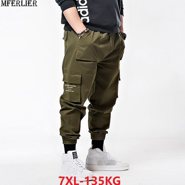 

plus size 6xl 7xl men summer cargo pants pockets korea style safari style pencil pants letter oversize elastic stretch 50, Black