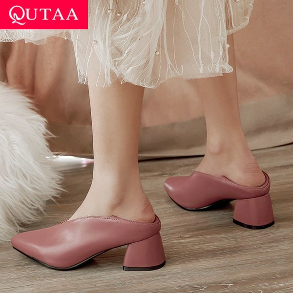 

qutaa 2020 женские насосы модные мулы женская обувь квадратный высокий каблук острым носом искусственная кожа повседневная классические женс, Black