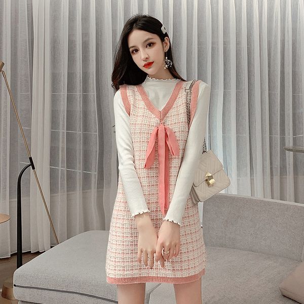 

women autumn winter knitted sweater 2-piece sets fashion casaul long sleeve bottoming +v-neck bow tweed plaid dress sets, White