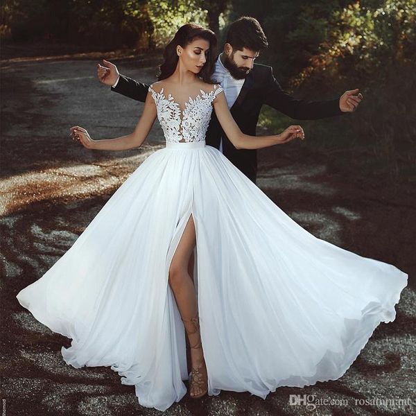 

thigh-high slits country wedding dresses sheer neck cap sleeves see through back appliques lace custom made bridal wedding dress, White