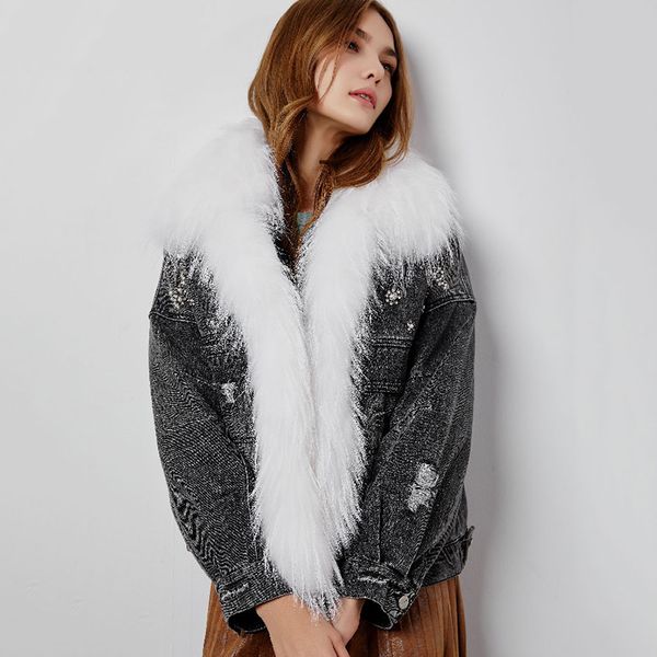 

oversized real raccoon fur down parka women winter thick 90% white duck down coats 2018 new collection womens deinm jacket, Black