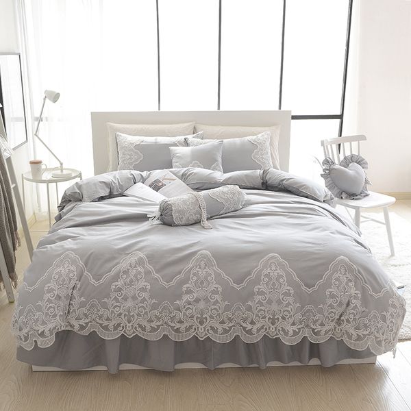 Grey Pink Blue Purple Cotton Lace Bedding Set Full Queen King Size