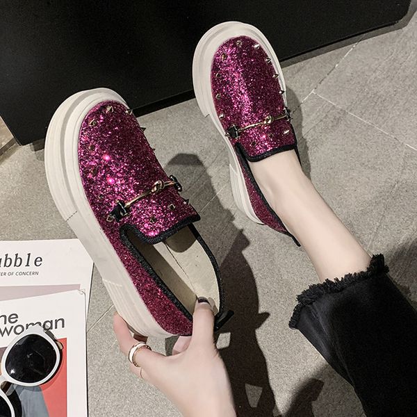 

shoes woman 2020 all-match female footwear designer women slip-on casual sneaker platform round toe rivets, Black