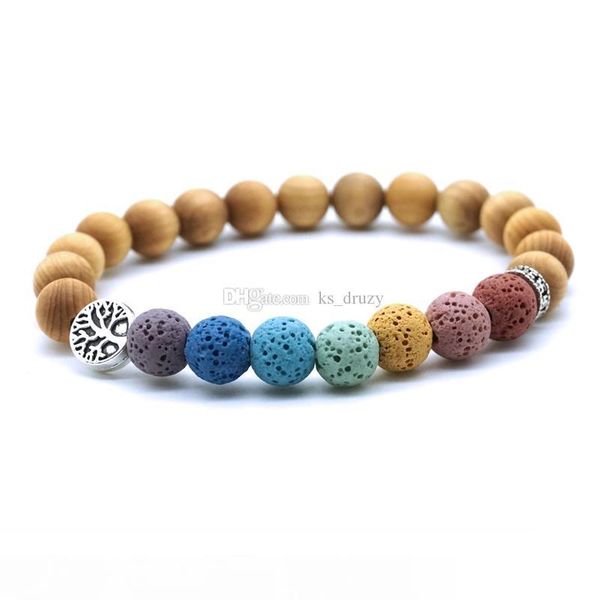 

tree of life seven chakras colorful lava stone wooden beads essential oil diffuser bracelet buddha energy yoga women men jewelry, Black