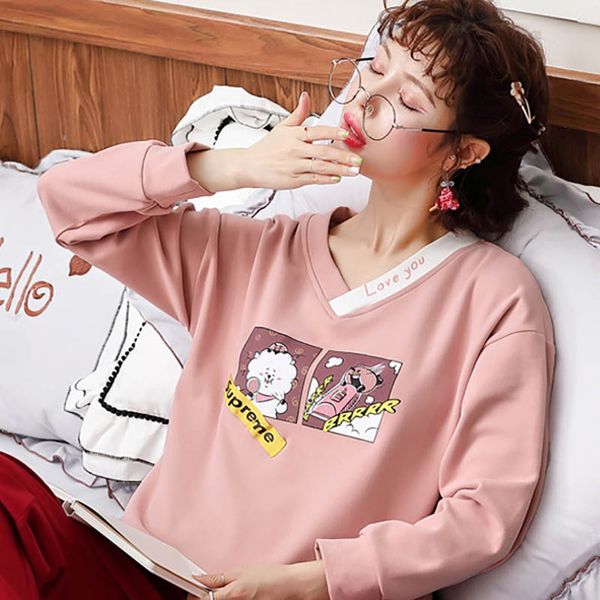 

2019 women pajamas sets autumn winter long sleeve thin cartoon cute sleepwear big girl 2pcs Â, Black;red