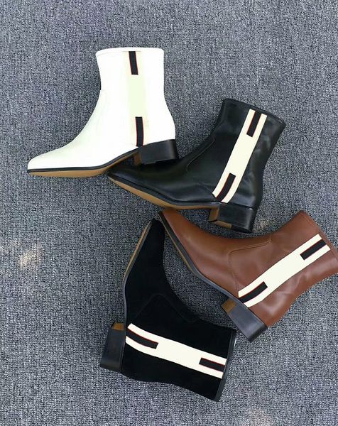 

woman leather shoes zip eather ankle boots and web band ankle boots factory direct female rough heel round head autumn winter martin boots, Black