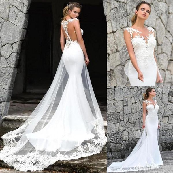 

2020 new backless mermaid wedding dresses with tulle applique train sheer cap sleeve lace satin wedding gowns robes de mariÃ©e bm1529, White