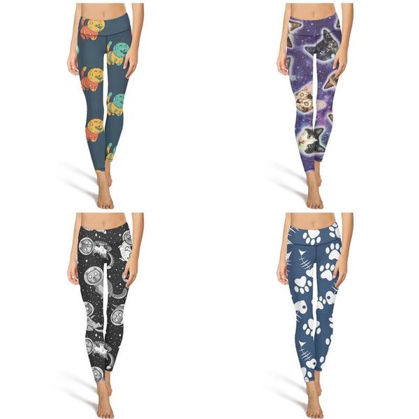 

black cute cat astronaut fashion women custom yoga pants large size casual skinny suitable for running leggings purple space mini cats