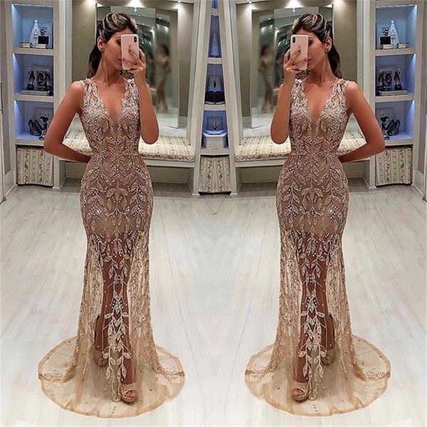 

2019 illusion mermaid prom dresses v neck sweep train lace beaded arabic evening dress custom made vestidos de fiesta, Black