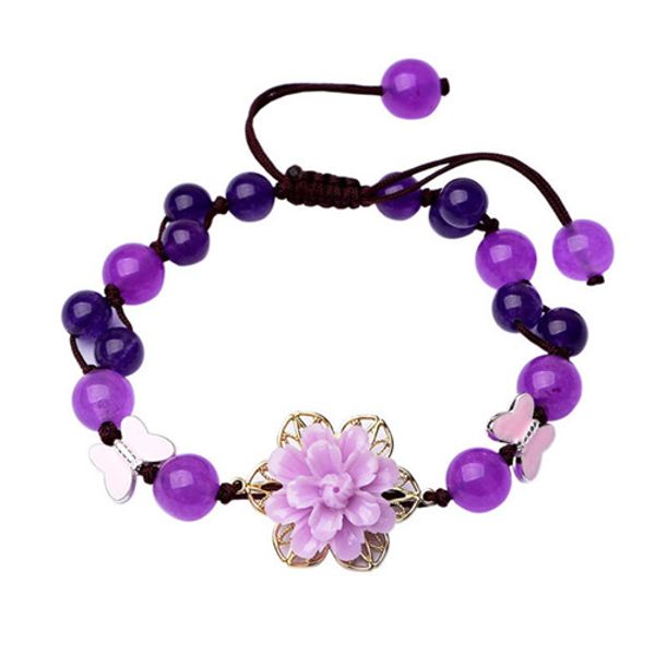 

wholesale 5 pcs gold plated flower red agate beads elastic bracelet purple colored glaze ethnic style jewelry, Black