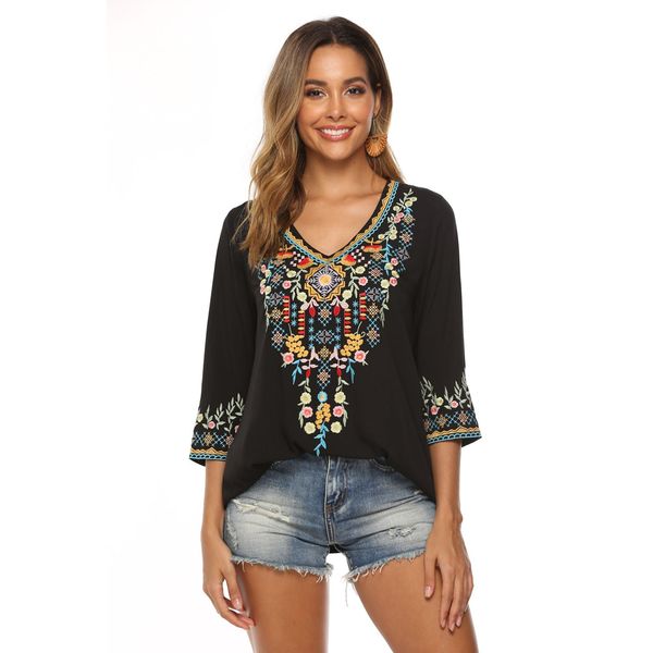 

women floral embroidered blouses mexican ethnic boho style v-neck long sleeve female cotton blouse shirt wholesale, White
