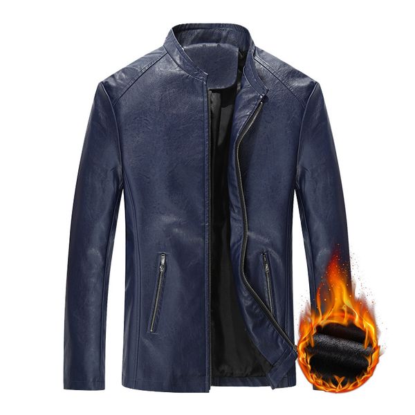 

men's fur & faux men leather jackets and coats mens business pu plus velvet jacket fashion stand collar male coat, Black