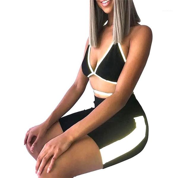 

v neck knee length shorts panelled striped backless swimwear womens sport 2pcs casual bikinis summer designer halter deep, White;black