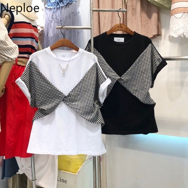 

neploe plaid patchwork korean t shirts summer short sleeve o-neck t-shirt 2019 new white black causal femme tees 52935