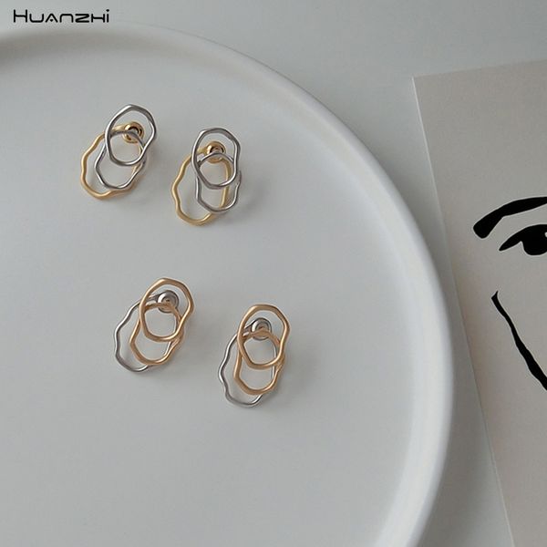 

huanzhi 2019 design s925 silver pin geometric three circles superimposed hollow irregular metal stud earrings for women girls, Golden;silver