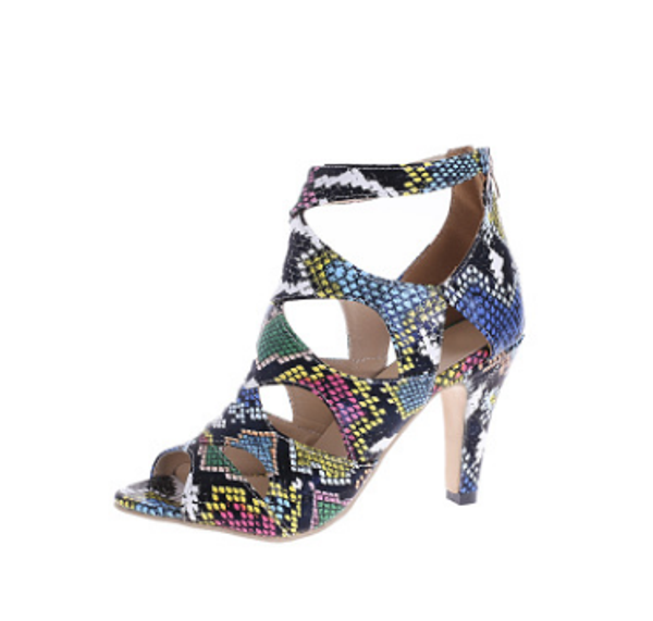

women large size leopard land sandals high heels thin heels, loose and serpentine women's sandals, Black