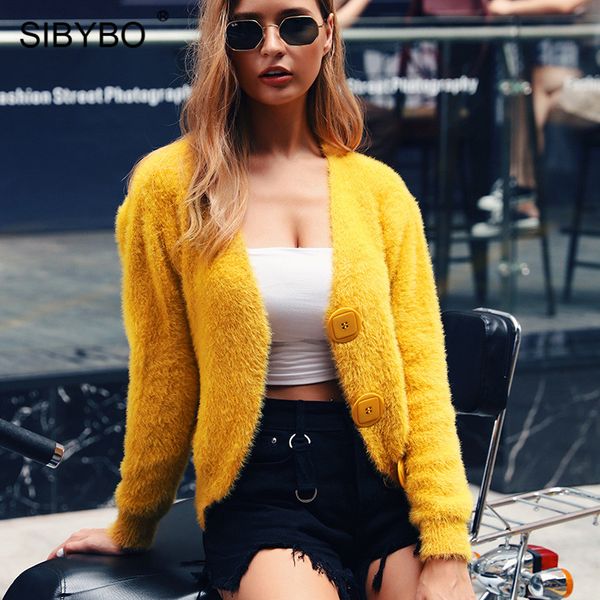 

sibybo knitted long sleeve autumn sweater women fashion v-neck buttons sweat women solid cotton casual cardigans top, White