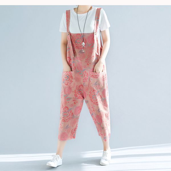 

women jumpsuit rompers overalls cotton linen big loose print floral fashion casual for spring summer bo26591513, Black;white