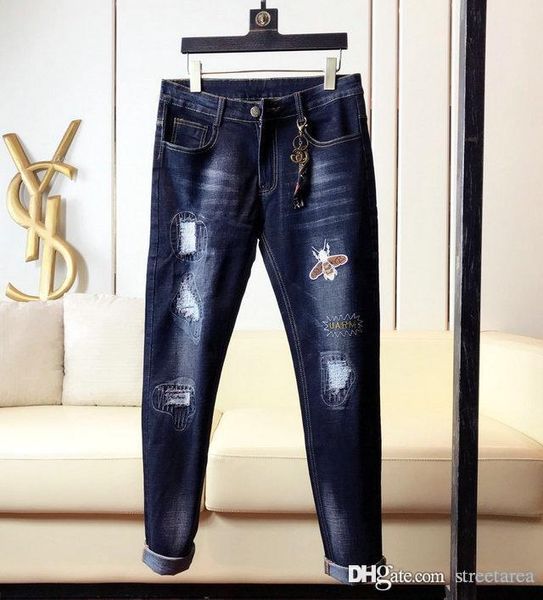 

luxury brand bee embroidery jeans denim fashion designer pants hip hop mens jean motorcycle bike jeans high street trend designer pant, Blue
