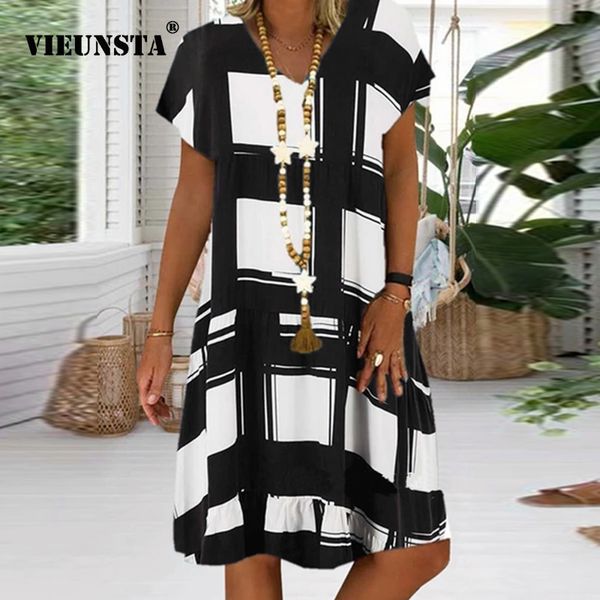 

fashion vintage geometric print v-neck women dress 2020 spring short sleeve patchwork party dress lady a-line summer, Black;gray