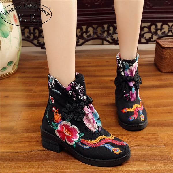 

vintage new winter women boots flower phoenix embroidered casual canvas ankle boot vintage cotton booties shoes boats mujer, Black