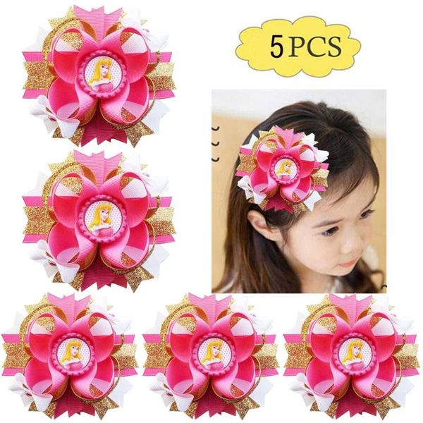 

5pcs 4.5-5'' sleeping princess bow sparkle hair bow inspired character girl hair accessories, Slivery;white