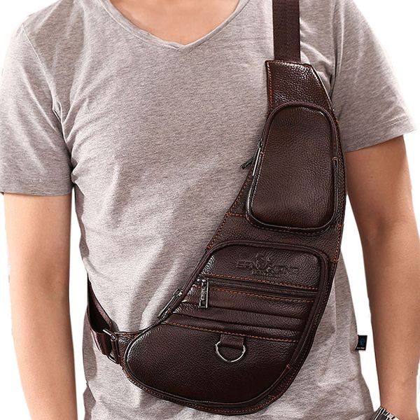 

men cowhide genuine leather sling chest bag cross body messenger shoulder travel rucksack vintage retro fashion chest day pack