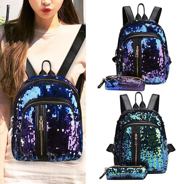 

fashion shiny sequins large capacity woman travel backpack pencil bag pouch girls glitter school bags casual shoulder bag