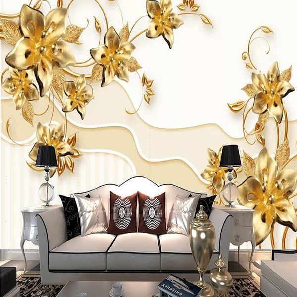 

custom large mural 3d wallpaper fashion modern luxury abstract pearl jewelry golden flowers bedroom tv wall decor 5d embossed