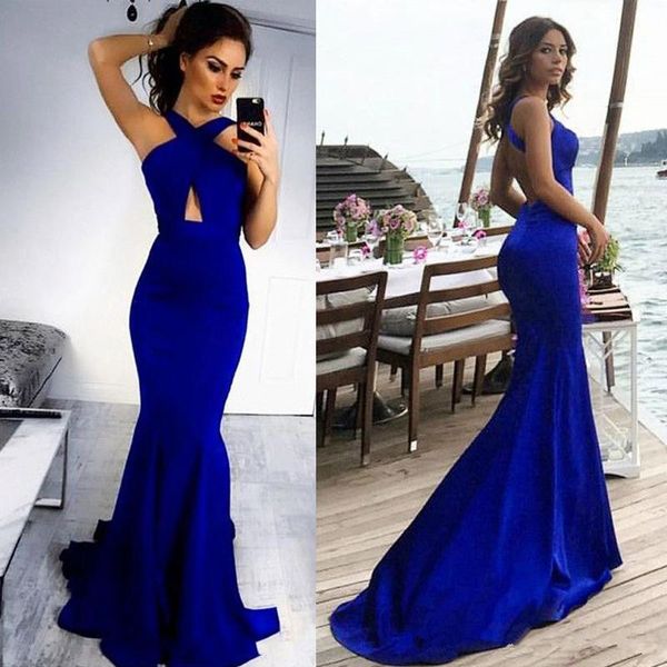 

2019 royal blue mermaid long prom dre e keyhole neckline backle maid of honor party evening gown