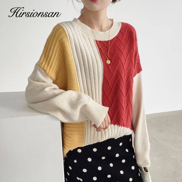 

hirsionsan chic patchwork sweater women autumn winter soft warm knnitted female pullovers loose sweater soft thicken 2020, White;black