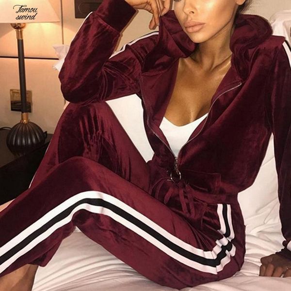 

set women sportswear autumn winter warm velvet tracksuit two piece set stripe sweatshirt clothing sweat suit home, Gray